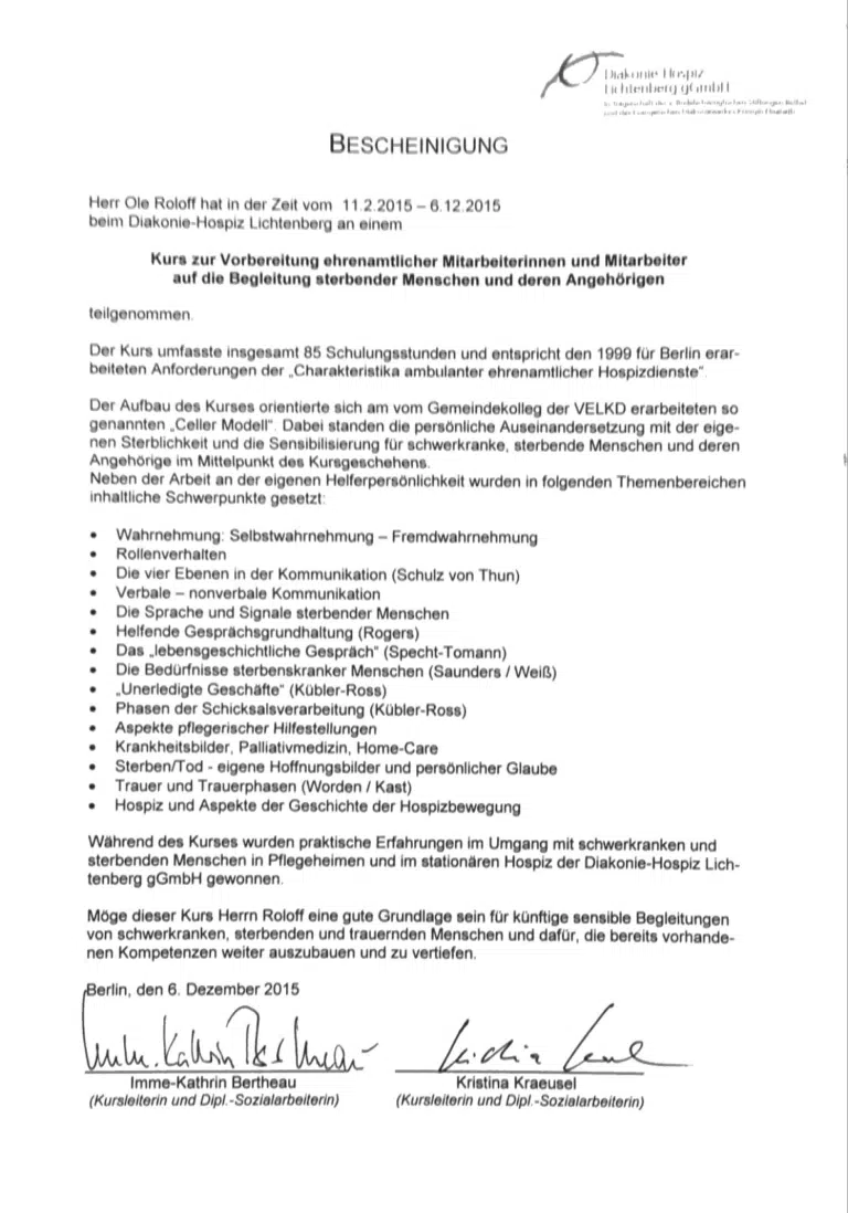 2015 Bescheinigung Ehrenamt Hospiz